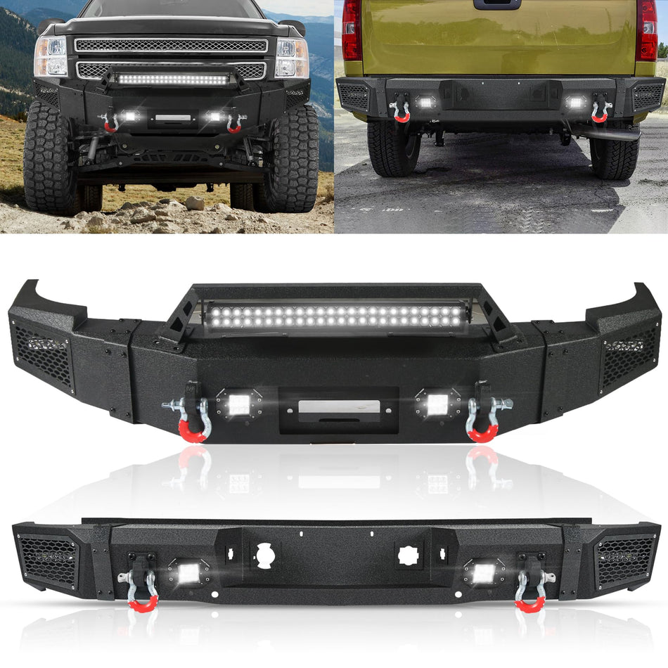 Off Road Front Rear Bumper Set fit for Chevy Silverado 1500 2007-2013 Full Width Bumper Combo w/Winch Plate D-Rings w/Bull Bar w/LED Lights Bumper w/Parking Sensor Holes