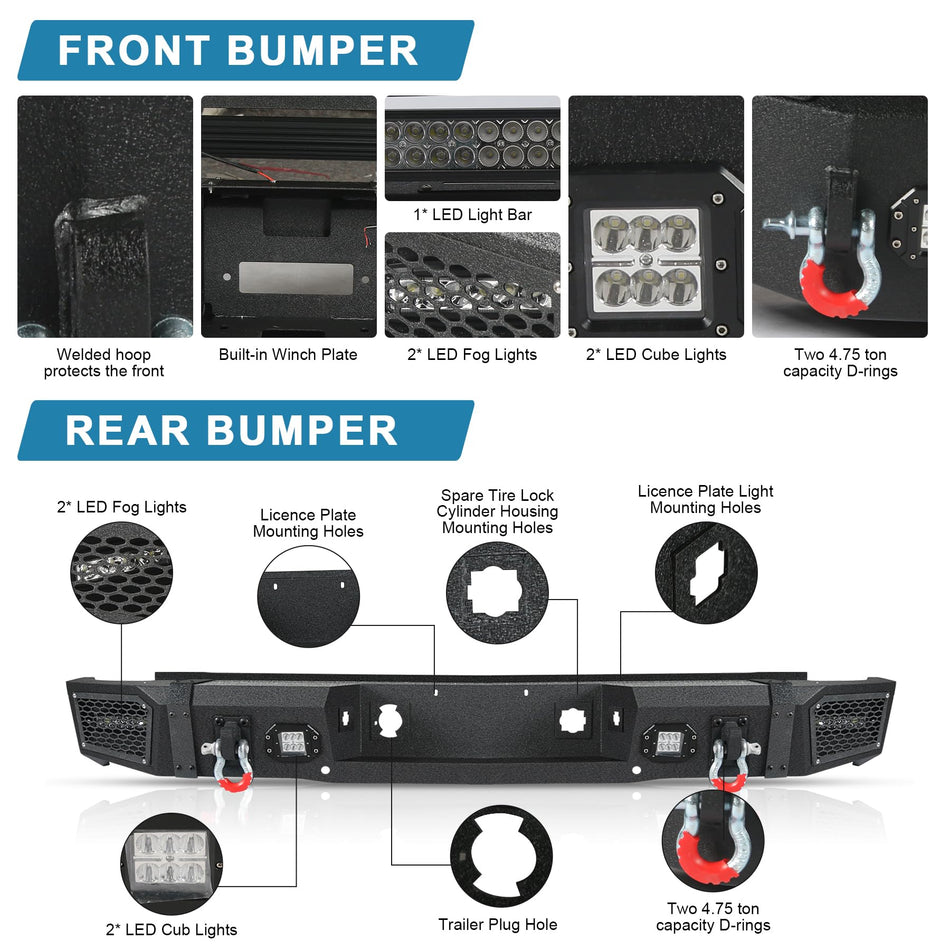 Off Road Front Rear Bumper Set fit for Chevy Silverado 1500 2007-2013 Full Width Bumper Combo w/Winch Plate D-Rings w/Bull Bar w/LED Lights Bumper w/Parking Sensor Holes