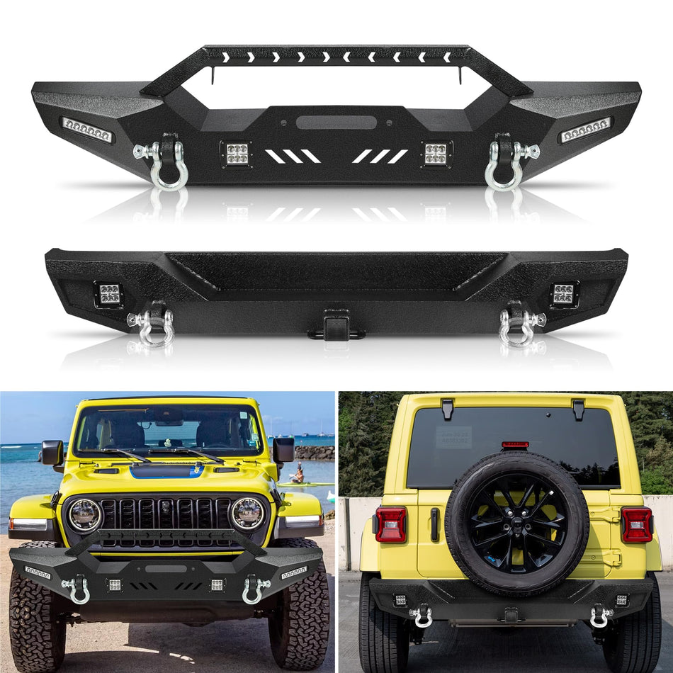 Front & Rear Bumper Set fit for Jeep Wrangler JL 2018-2025 (2 & 4 Door) | Steel, Winch Plate, 6 LED Lights, D-Rings, Hitch Receiver (JL Only, 2 Packages)