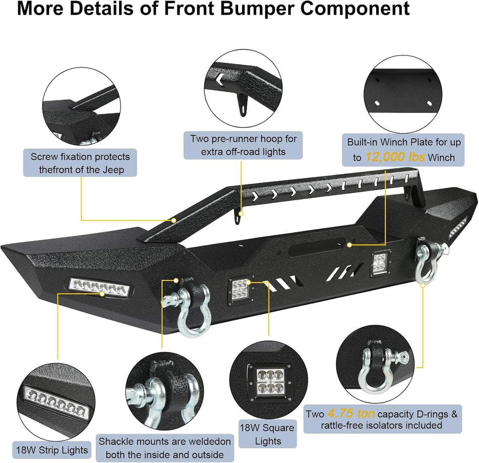 Front & Rear Bumper Set fit for Jeep Wrangler JL 2018-2025 (2 & 4 Door) | Steel, Winch Plate, 6 LED Lights, D-Rings, Hitch Receiver (JL Only, 2 Packages)