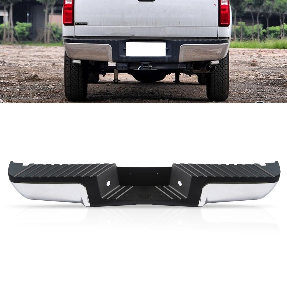Rear Step Bumper Compatible with Ford F250 F350 F450 Super Duty 2008 2009 2010 2011 2012 2013 2014 2015 2016,Chrome Back Bumper W/o Parking Sensor Holes