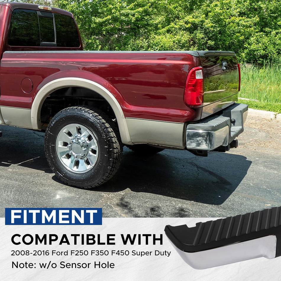 Rear Step Bumper Compatible with Ford F250 F350 F450 Super Duty 2008 2009 2010 2011 2012 2013 2014 2015 2016,Chrome Back Bumper W/o Parking Sensor Holes