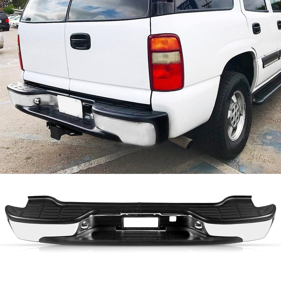 Rear Step Bumper Assembly Compatible with 2000-2006 Chevy Suburban 1500/2500 & Tahoe & GMC Yukon XL 1500/2500 Chrome Rear Step Bumper w/License Plate GM1103103