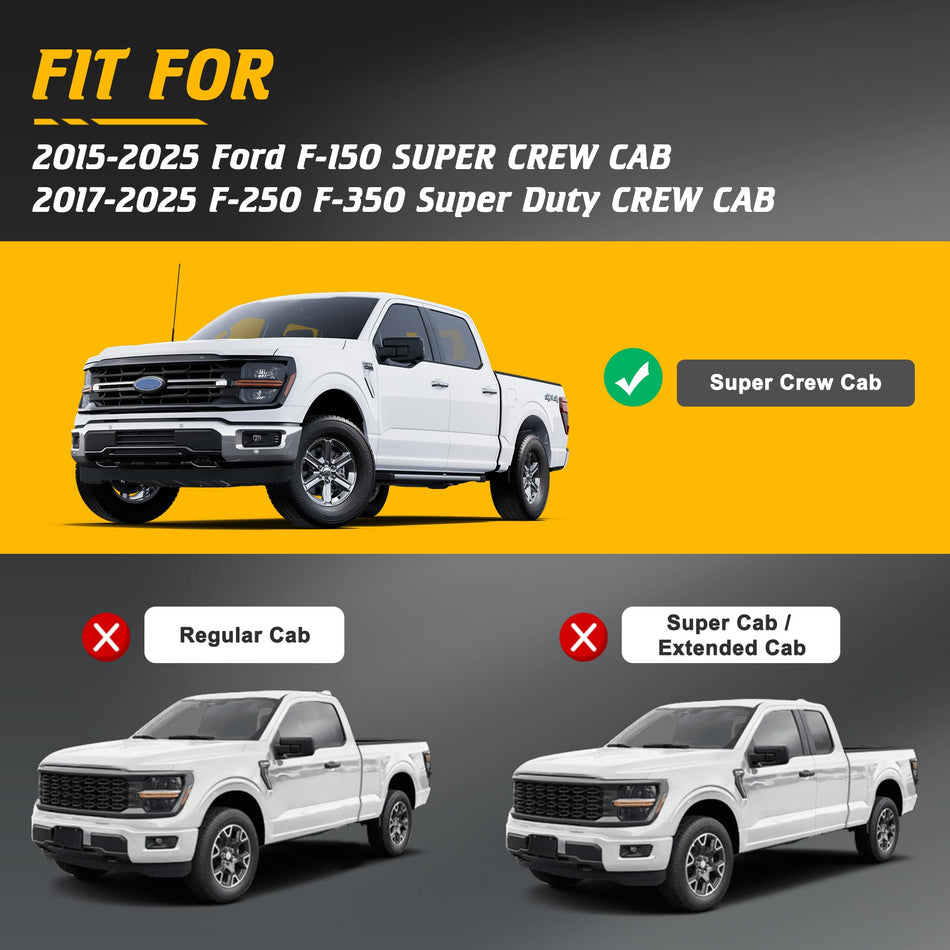 Running Boards Compatible with Ford F150 2015-2025 SuperCrew Cab 4 Full Size Doors, Anti-Slip Side Steps Fit for F250 F350 2017-2025 Super Duty Crew Cab, Texture Black Nerf Bars Steps