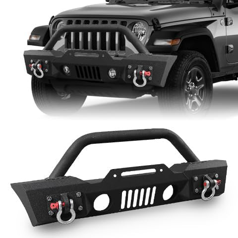 Front Bumper Fits for Jeep Wrangler JK Unlimited 2007-2018 Off Road Rock Crawler Bumper with Built-in Winch Plate 2 D-rings Bull Bar Welded Hoop Carbon Steel Powder-Coated Black