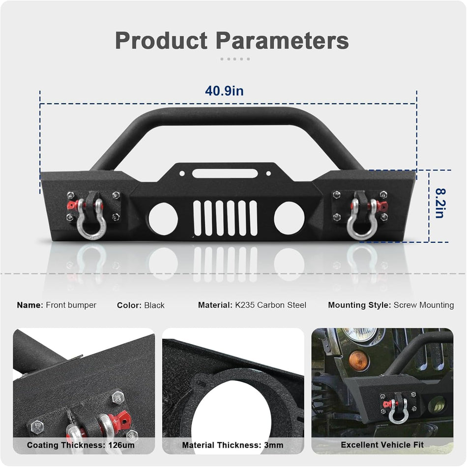 Front Bumper Fits for Jeep Wrangler JK Unlimited 2007-2018 Off Road Rock Crawler Bumper with Built-in Winch Plate 2 D-rings Bull Bar Welded Hoop Carbon Steel Powder-Coated Black