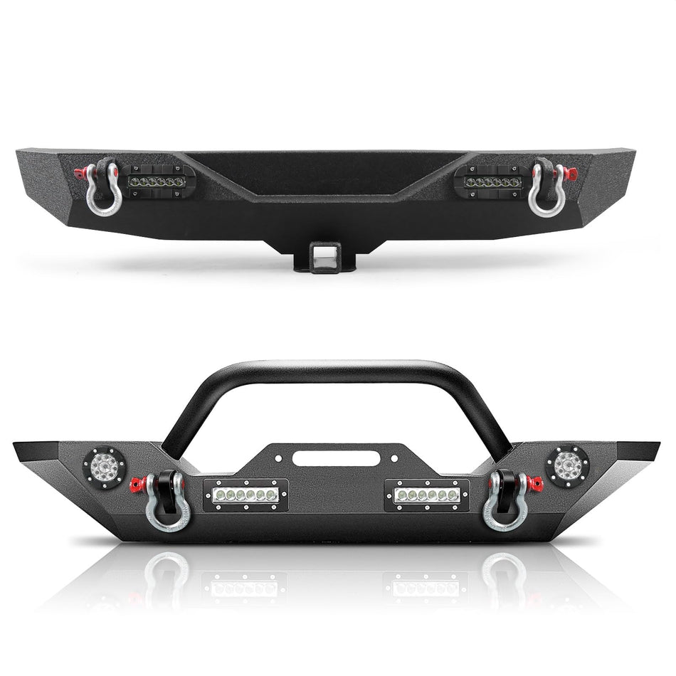 Front & Rear Bumper Combo fit for Jeep Wrangler JK 2007-2018 | Carbon Steel, Winch Plate, 4 LED Lights, 2 D-Rings, Black Powder Coat (Not for JL/JLU)