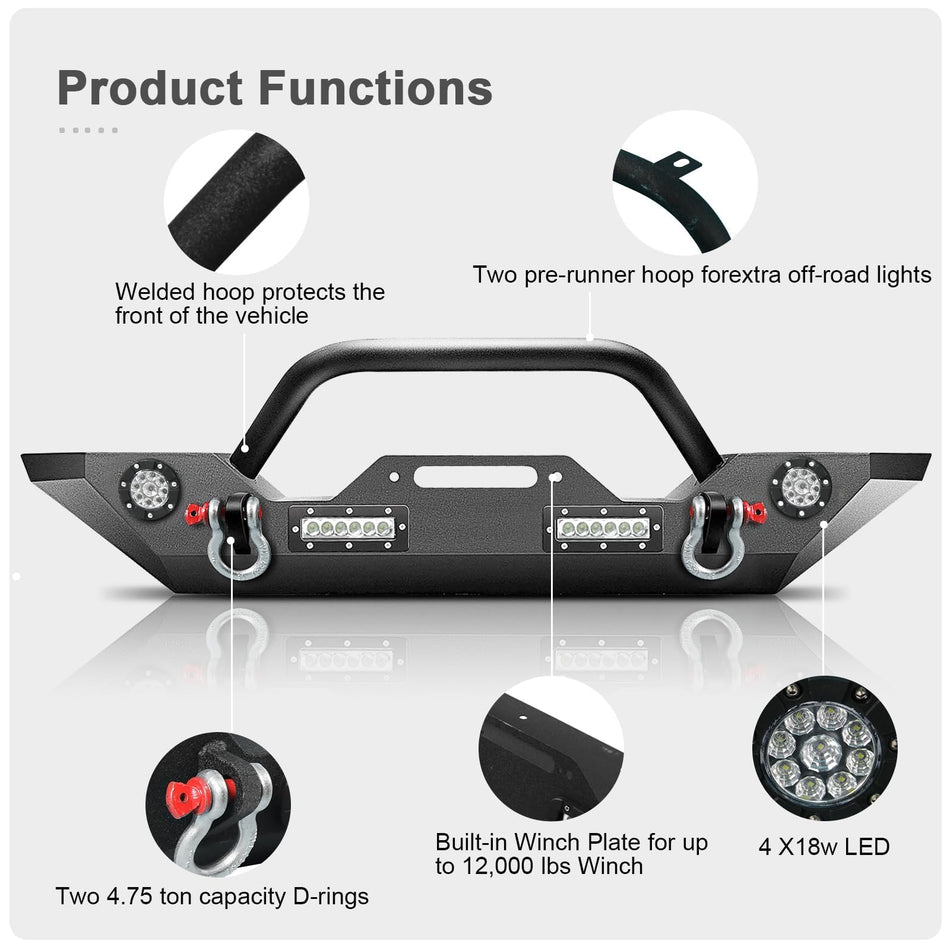 Front & Rear Bumper Combo fit for Jeep Wrangler JK 2007-2018 | Carbon Steel, Winch Plate, 4 LED Lights, 2 D-Rings, Black Powder Coat (Not for JL/JLU)