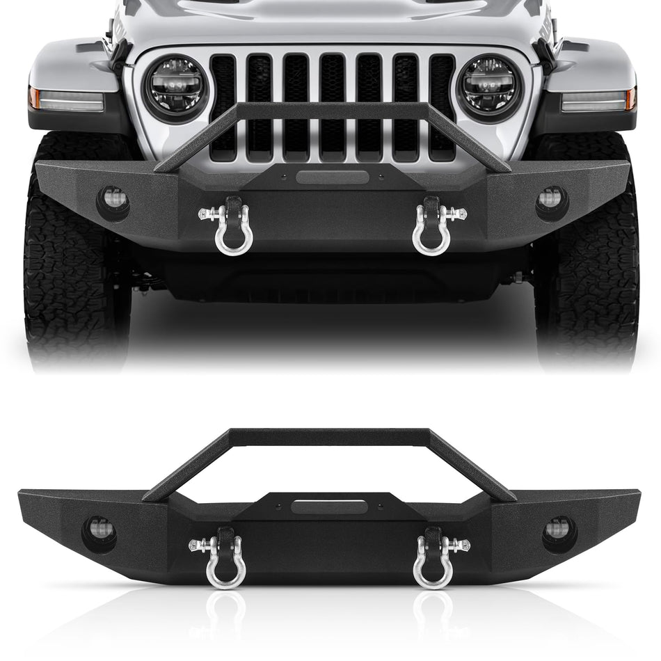 Off Road Front Bumper Fits for Jeep Wrangler JL/JLU JK/JKU Gladiator JT 2007-2025 2026 Steel Bumper with Winch Plate Bull Bar Lights D-rings License Plate Bracket Heavy Duty