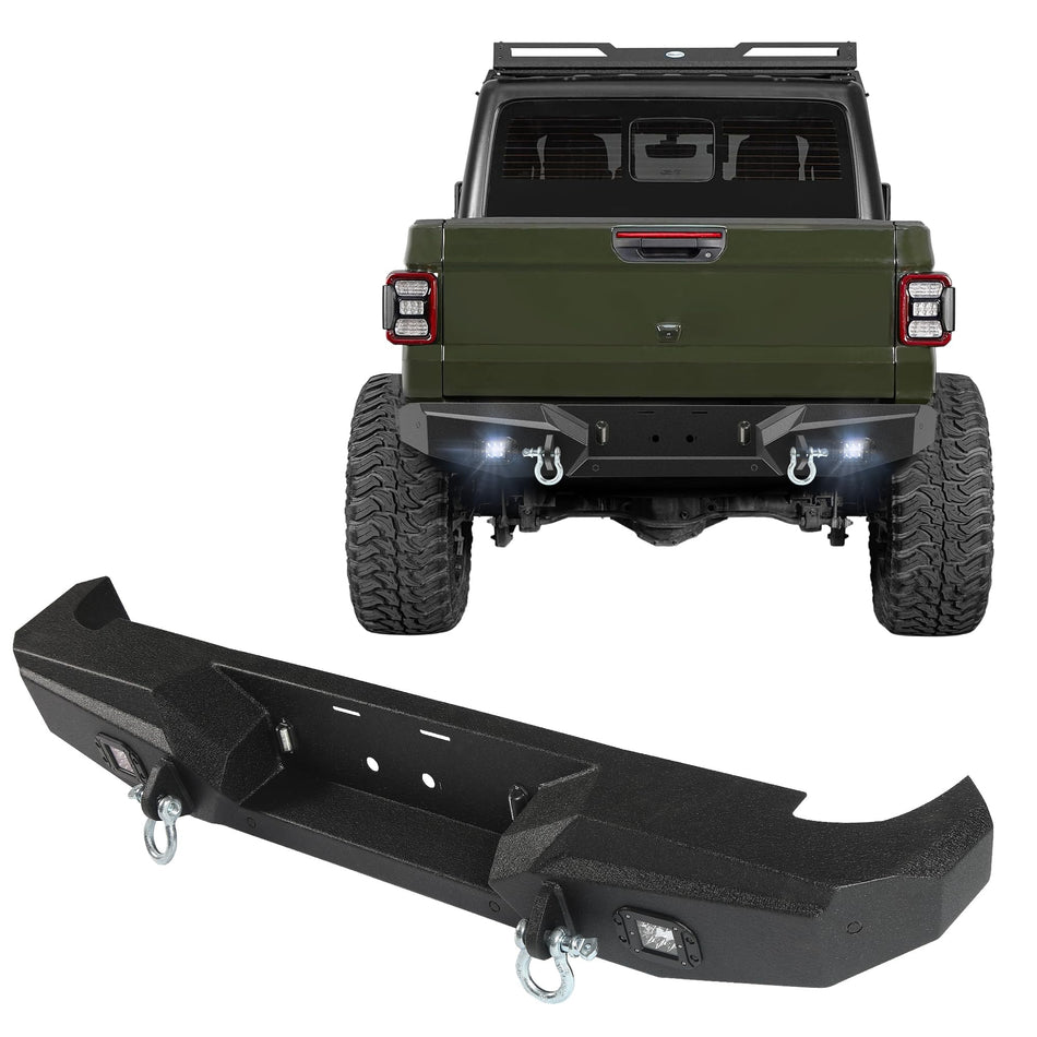 Rear Bumper Fit for Jeep Gladiator JT 2020 2021 2022 2023 2024 2025 2/4 Door Full Width Steel Off Road Rear Bumper W/2 Lights 4 Sensor Holes D-Rings Textured Black Back