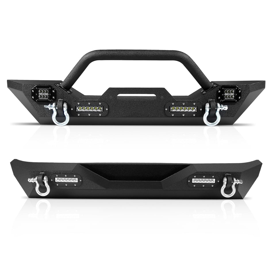 Front & Rear Bumper Combo fit for Jeep Wrangler JL / JLU 2018-2026 (2 & 4 Door) | Carbon Steel, Winch Plate, 6 LED Lights, 4 D-Rings, Bull Bar (2 Packages)
