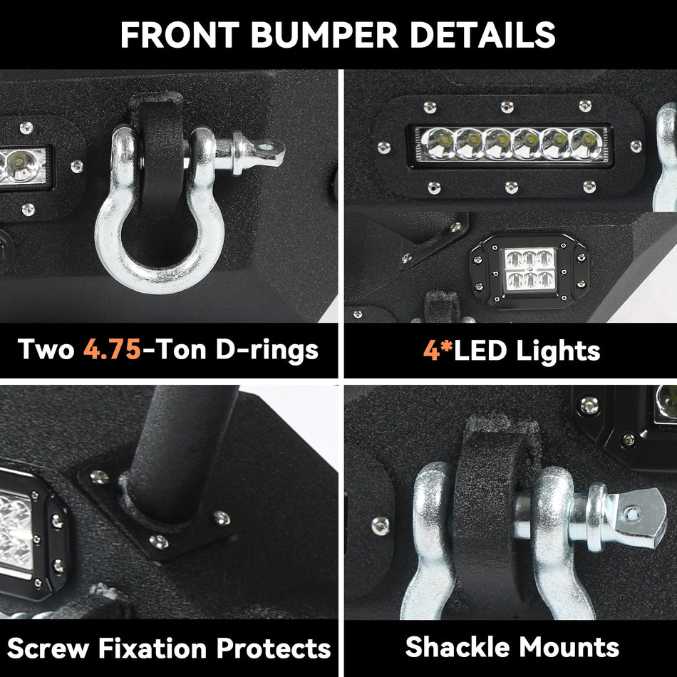 Front & Rear Bumper Combo fit for Jeep Wrangler JL / JLU 2018-2026 (2 & 4 Door) | Carbon Steel, Winch Plate, 6 LED Lights, 4 D-Rings, Bull Bar (2 Packages)