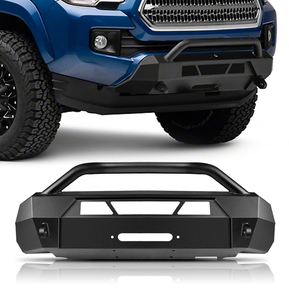 Front Bumper Fit for Toyota Tacoma 2016 2017 2018 2019 2020 2021 2022 2023 with 2 D-rings Shackles(4.75-ton capacity) Bumper Black Steel Off-Road Grill Guard Bull Bar（Note:Need to cut ）