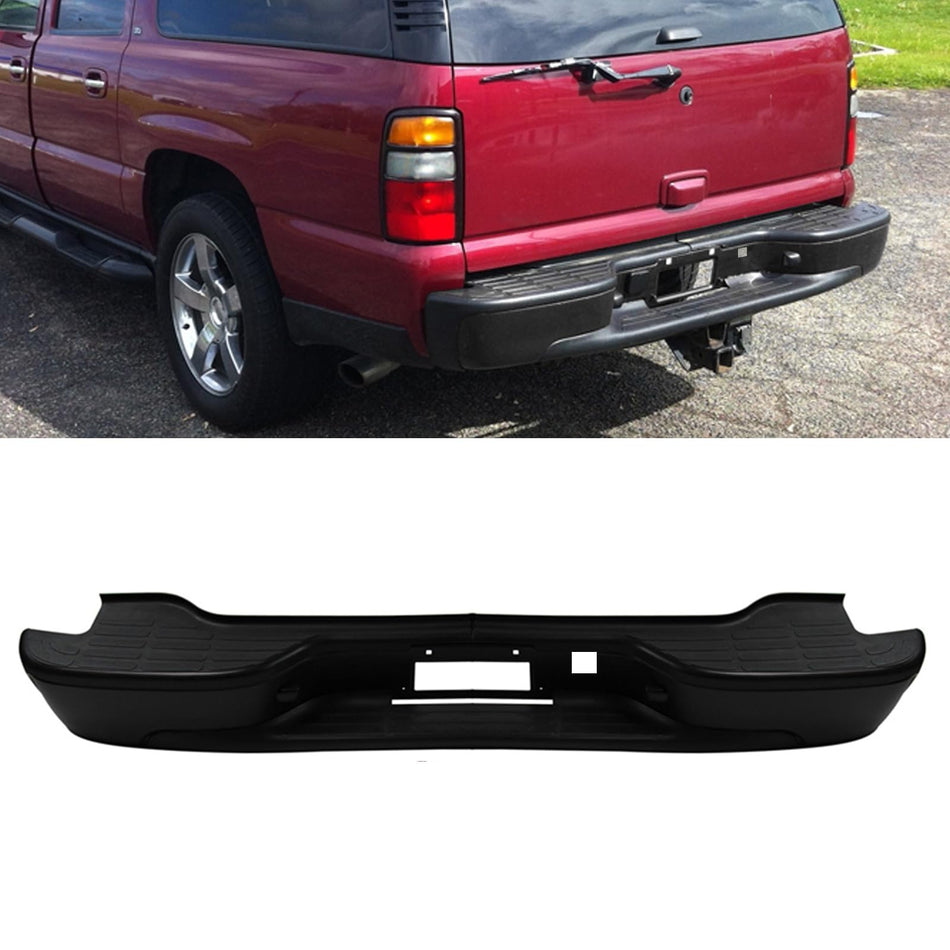 Black Rear Bumper Assembly Compatible with 2000-2006 Chevy Tahoe Suburban GMC Yukon XL 1500 2500 w/o Parking Sensor Holes Replacement for GM1101115