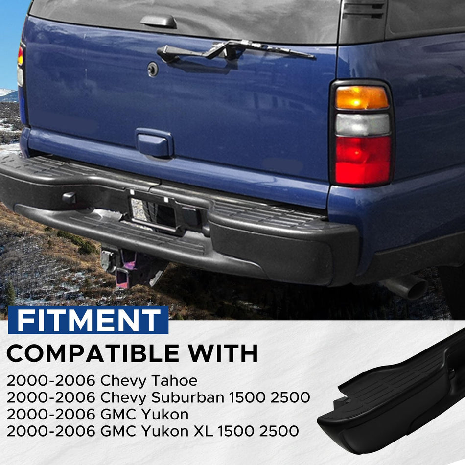 Black Rear Bumper Assembly Compatible with 2000-2006 Chevy Tahoe Suburban GMC Yukon XL 1500 2500 w/o Parking Sensor Holes Replacement for GM1101115