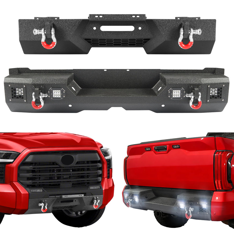 Off Road Front Rear Bumper Set Fits For Toyota Tundra 2022 2023 2024 2025 Pickup Trucks Heavy Duty Steel Rock Crawler Full-Width Bumper Combo with Winch Plate Lights D-Rings Sensor Holes