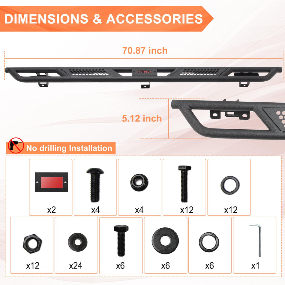 Rock Slider Fit for Jeep Wrangler JK 4 Doors 2007-2018 Nerf Bars Heavy-Duty Carbon Steel, Black Powder Coated
