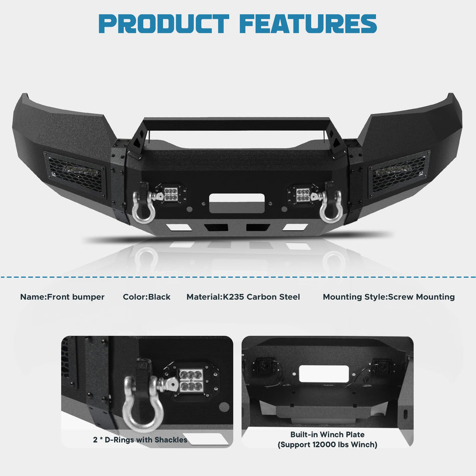 Front Bumper Fit for Ford F150 2004 2005 2006 2007 2008 – Heavy Duty Carbon Steel Winch Bumper with 4 LED Lights, 2 D-Ring Shackle Mounts, Textured Black Powder Coated (No Sensor Holes)