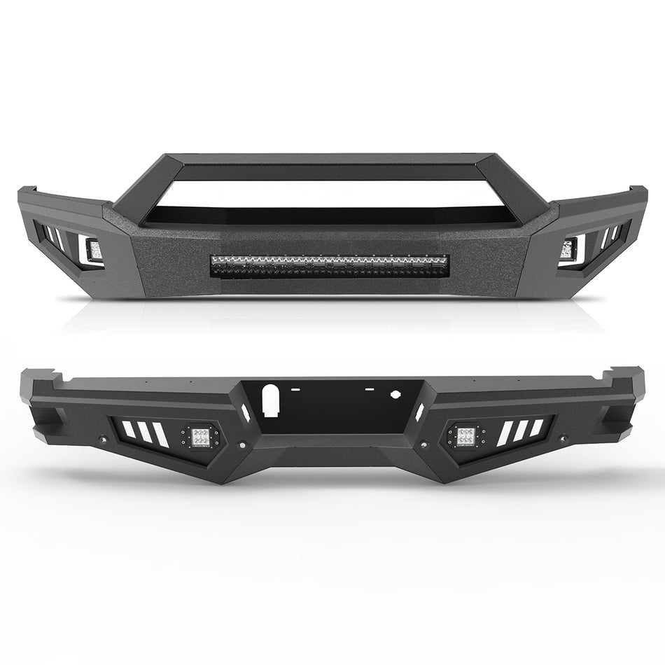 Front & Rear Bumper Set fit for Ford F150 2015-2017 | Heavy-Duty Carbon Steel, 3 Front Lights, 2 Rear Lights, Parking Sensor Holes (2 Packages)