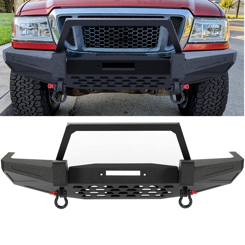 Off Road Front Bumper fit for Ford Ranger 1998-2011 w/Square Bull bar Built-in Winch Plate D-rings Carbon Steel Powder Coated Black Full Width Front Bumper