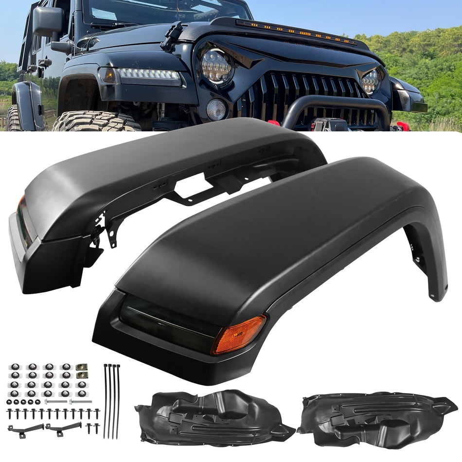 Front Fender Flares w/Lights Compatible with 2007-2017 Wrangler JK High Top Flares 2PCS Unpainted