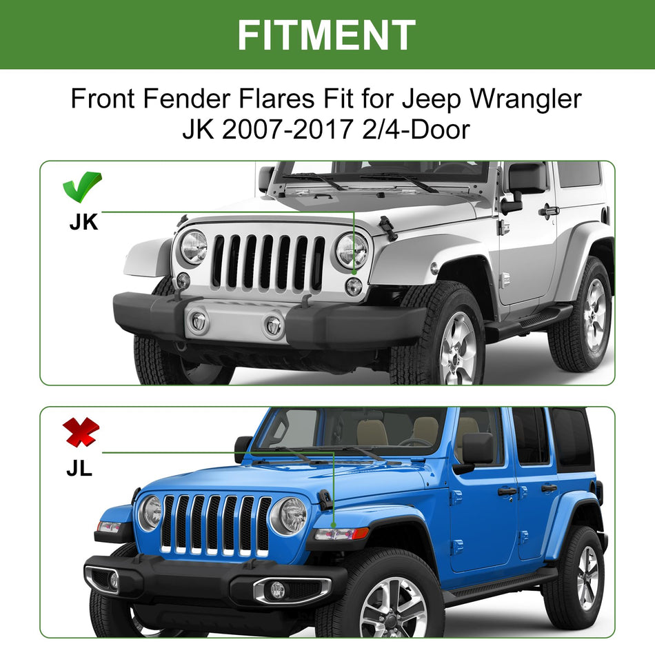 Front Fender Flares w/Lights Compatible with 2007-2017 Wrangler JK High Top Flares 2PCS Unpainted