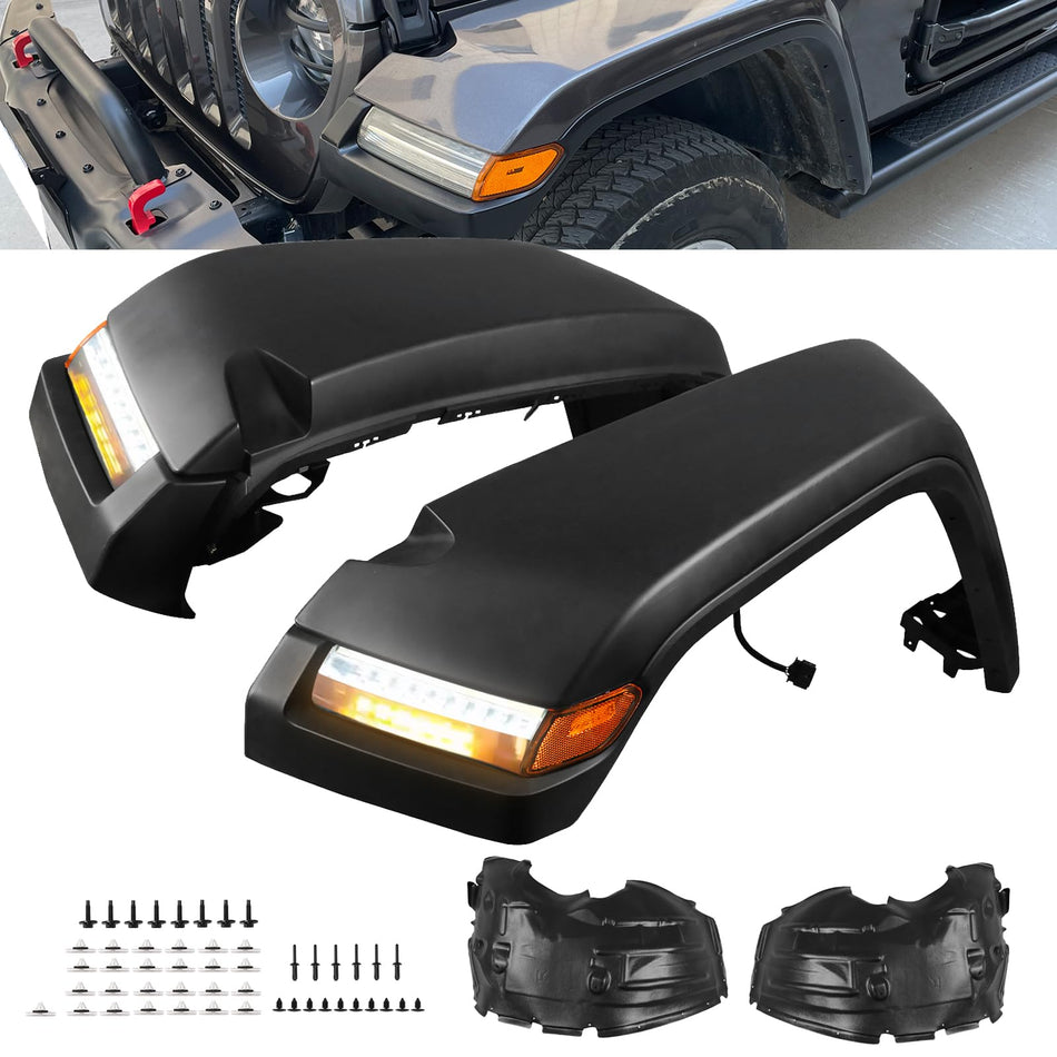 Front Fender Flares w/Lights Compatible with Jeep Wrangler JL JLU/Rubicon 2/4-Door 2018-2024 High Top Flares 4PCS Unpainted Paintable