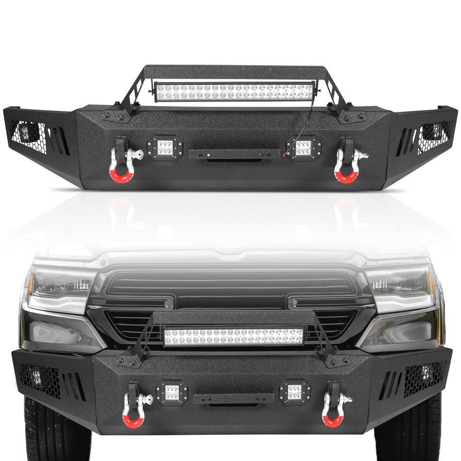 Off Road Front Bumper Fits for Dodge Ram 1500 2019-2025 2026 Heavy Duty Rock Crawler Bumper W/Winch Plate Lights D-rings Detachable Bull Bar Black Texture Black (Excluding Ram 1500 Classic)