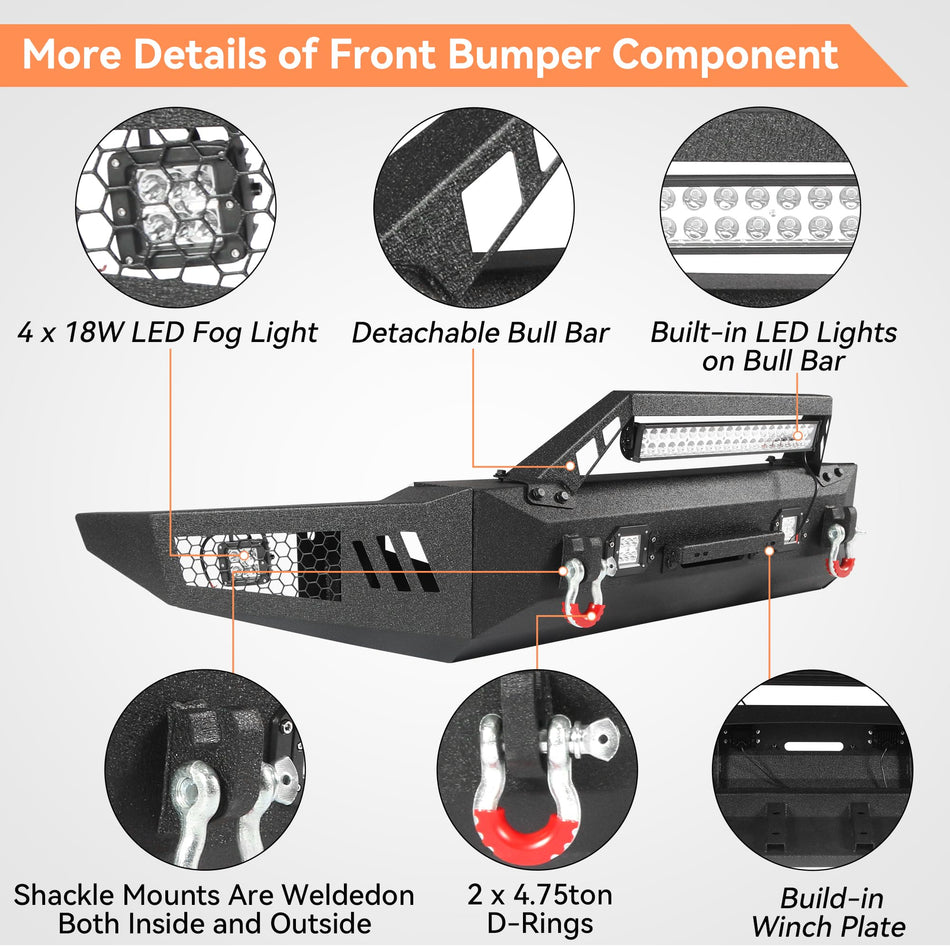 Off Road Front Bumper Fits for Dodge Ram 1500 2019-2025 2026 Heavy Duty Rock Crawler Bumper W/Winch Plate Lights D-rings Detachable Bull Bar Black Texture Black (Excluding Ram 1500 Classic)