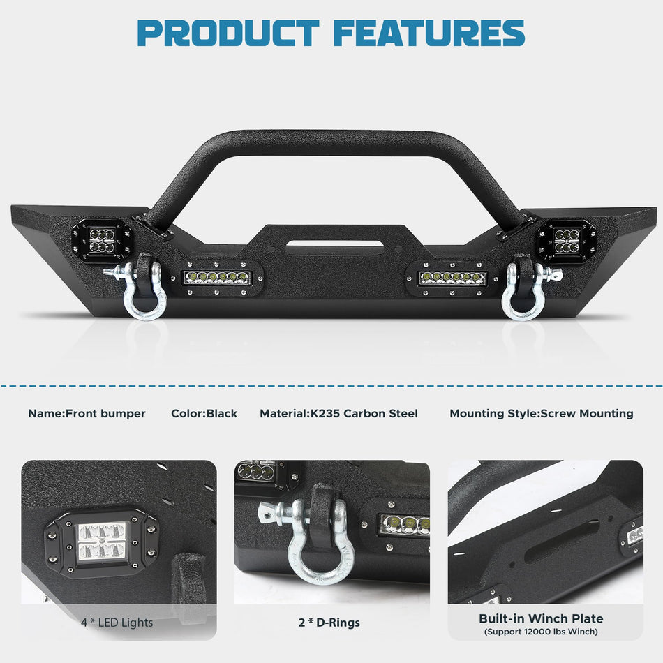 Front Bumper Fits For Jeep Wrangler JK JL 2007-2024 2025 for Jeep Gladiator JT 2020-2024 2025, Steel Bumper with LED Lights D-Rings and Winch Plate Heavy Duty