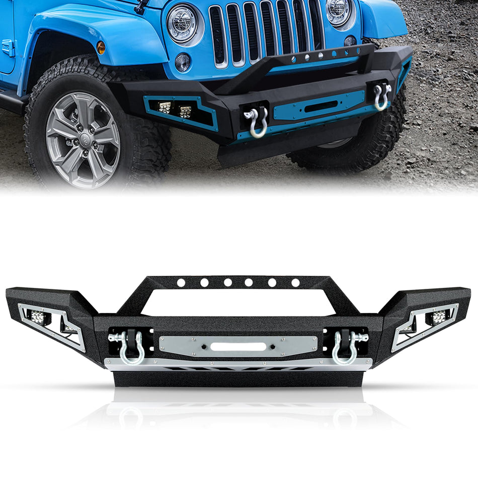Front Bumper Fit for Jeep Wrangler JK JKU 2007-2018, DIY Painting Heavy Duty Steel Front Bumper w/Winch Plate Skid Plate 4 Lights 2 D-Rings