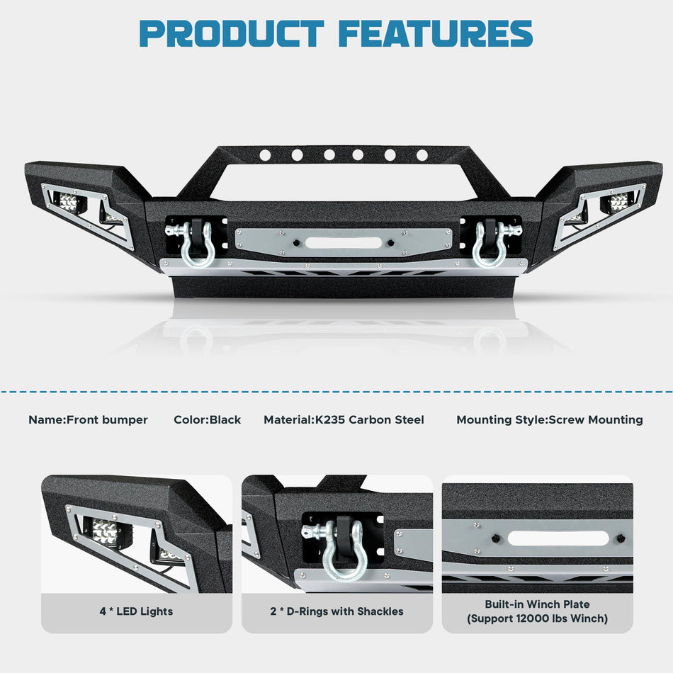 Front Bumper Fit for Jeep Wrangler JK JKU 2007-2018, DIY Painting Heavy Duty Steel Front Bumper w/Winch Plate Skid Plate 4 Lights 2 D-Rings