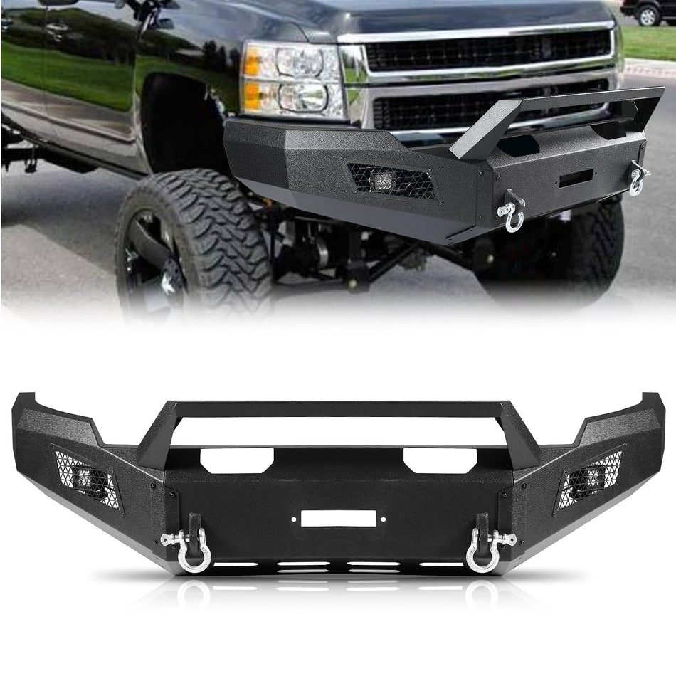 Off road Front Bumper Fit for Chevy SiIverado 2500HD 3500HD 2007-2010 Front Heavy Duty Bumper W/Winch Plate Carbon Steel Bumper W/ 2 Lights 2 D-ring, 2 Packages