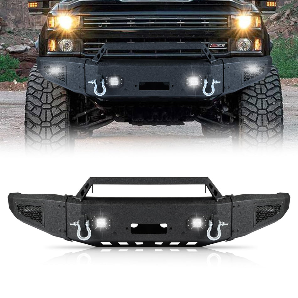 Off-Road Front Bumper fit for Chevy Silverado 2500HD / 3500HD 2015-2019 | Carbon Steel, Winch Plate, 4 LED Lights, 2 D-Rings (Not for 1500)