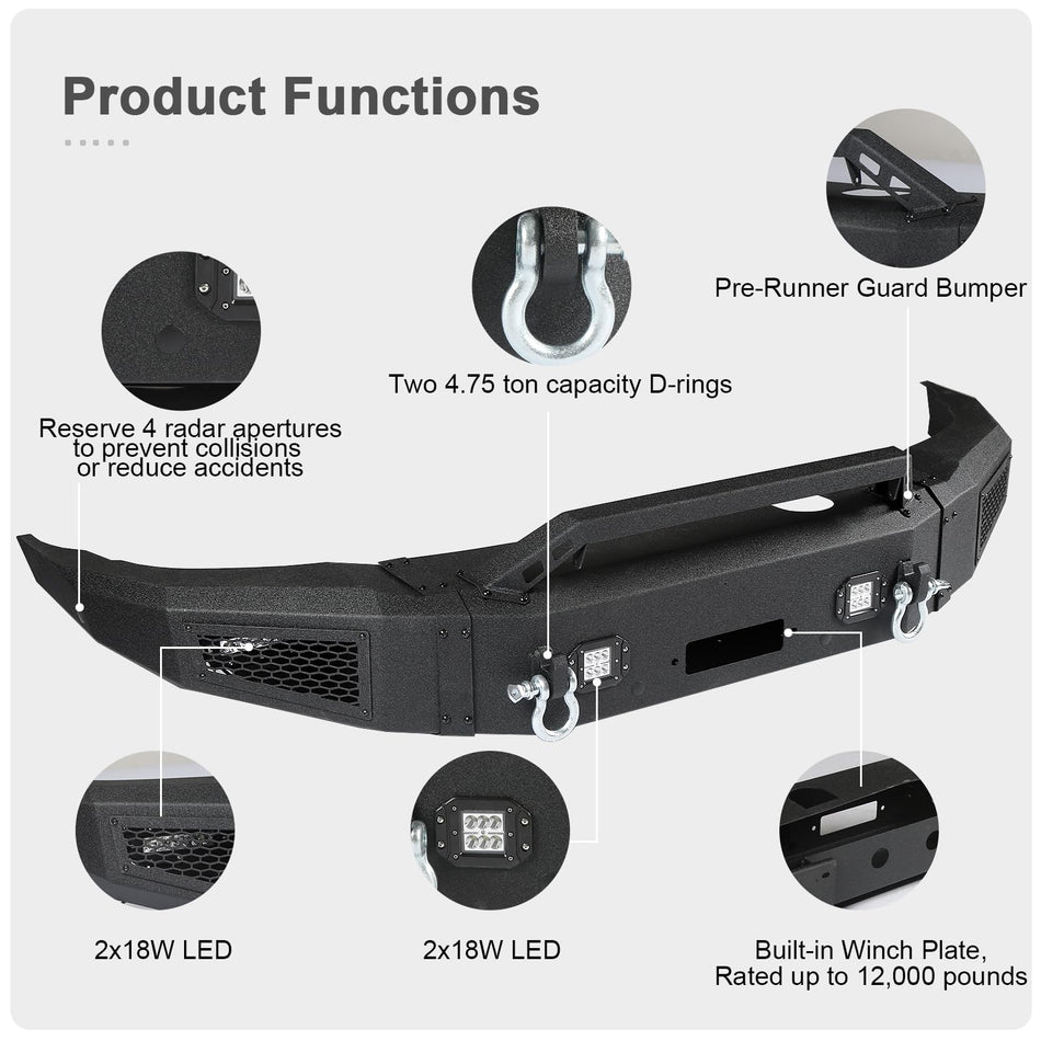 Off-Road Front Bumper fit for Chevy Silverado 2500HD / 3500HD 2015-2019 | Carbon Steel, Winch Plate, 4 LED Lights, 2 D-Rings (Not for 1500)