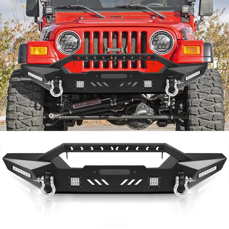 Full-Width Front Bumper fit for Jeep Wrangler TJ 1997-2006 & YJ 1987-1996 (2-Door) | Steel, Winch Plate, 4 LED Lights, D-Rings (Not for JK/JL)