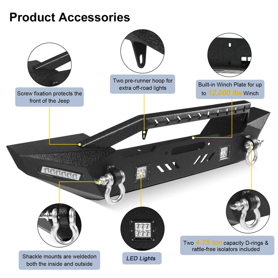 Full-Width Front Bumper fit for Jeep Wrangler TJ 1997-2006 & YJ 1987-1996 (2-Door) | Steel, Winch Plate, 4 LED Lights, D-Rings (Not for JK/JL)