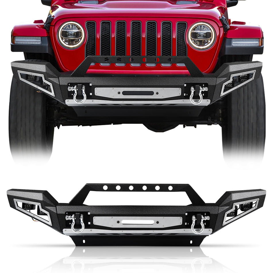 Off-Road Front Bumper Fits for Jeep Wrangler JL 2018-2026 & Gladiator JT 2020-2026, Winch Bumper with Lower Skid Plate, Lights, D-Rings, Bull Bar Detachable Design DIY Painting 2 Packages