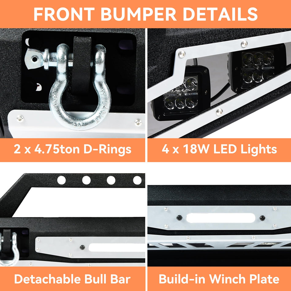 Off-Road Front Bumper Fits for Jeep Wrangler JL 2018-2026 & Gladiator JT 2020-2026, Winch Bumper with Lower Skid Plate, Lights, D-Rings, Bull Bar Detachable Design DIY Painting 2 Packages