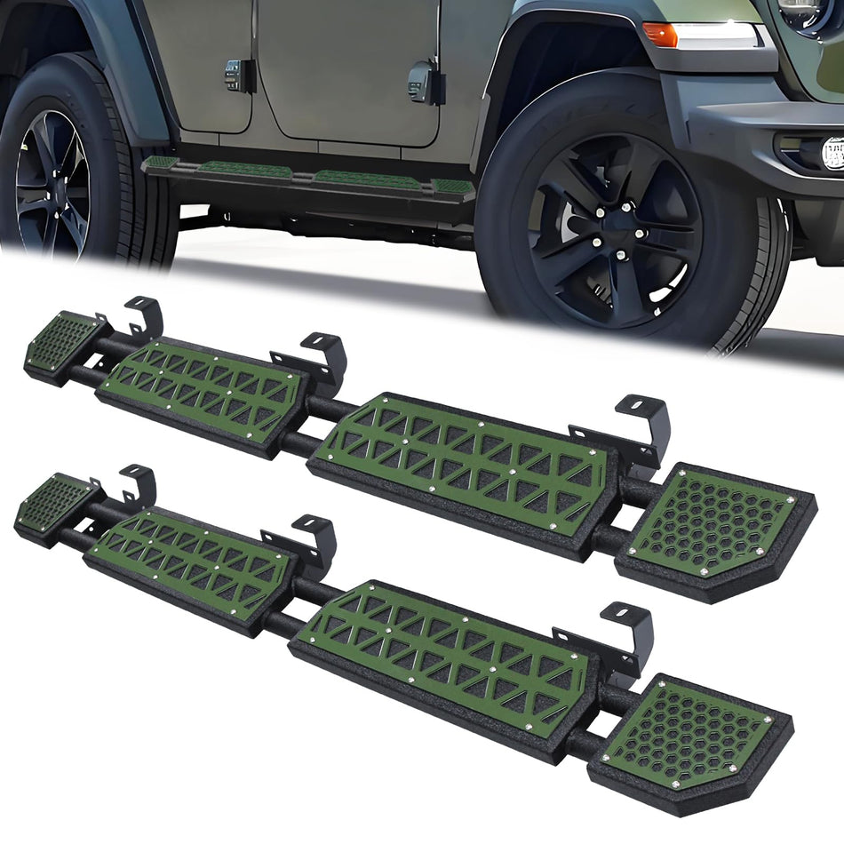Running Boards Fit for Jeep Wrangler JL 2018-2025 2026 Off-Road Side Steps Fit for JL 4 Doors 7 Inch Rock Rail Steps Dark Green Panel Carbon Steel Rock Sliders Pedal Protector with Brackets