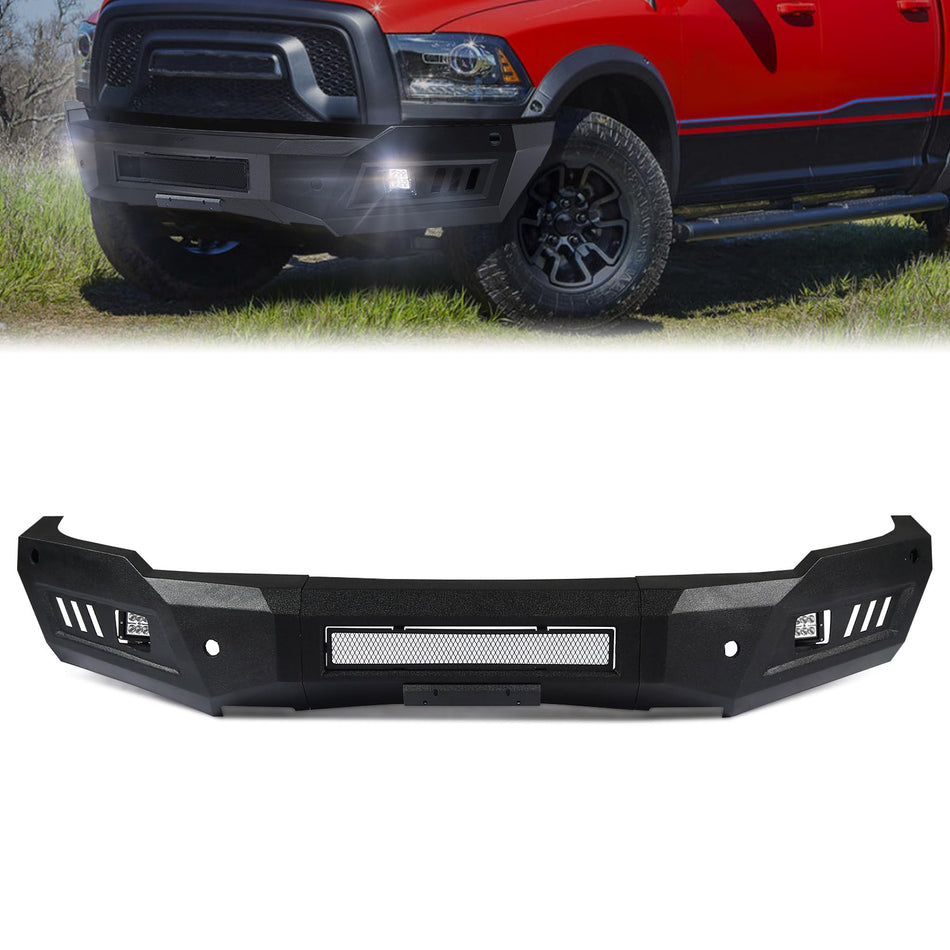 Off Road Front Bumper Fit for Dodge Ram 1500 Rebel 2015-2018 Heavy Duty Steel Bumper for ram 1500 rebel Full Width Front Bumper W/ 2 Fog Lights, 4 Sensor Holes and License Plate Bracket