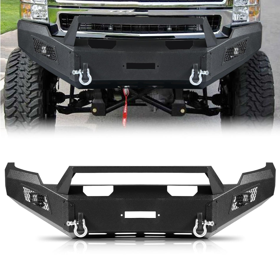 Off-Road Front Bumper Fit for Chevy Silverado 2500HD 3500HD 2007-2010 – Heavy Duty Carbon Steel Front Bumper with Winch Plate, 2 LED Lights, 2 D-Ring Shackles, Black Powder Coated