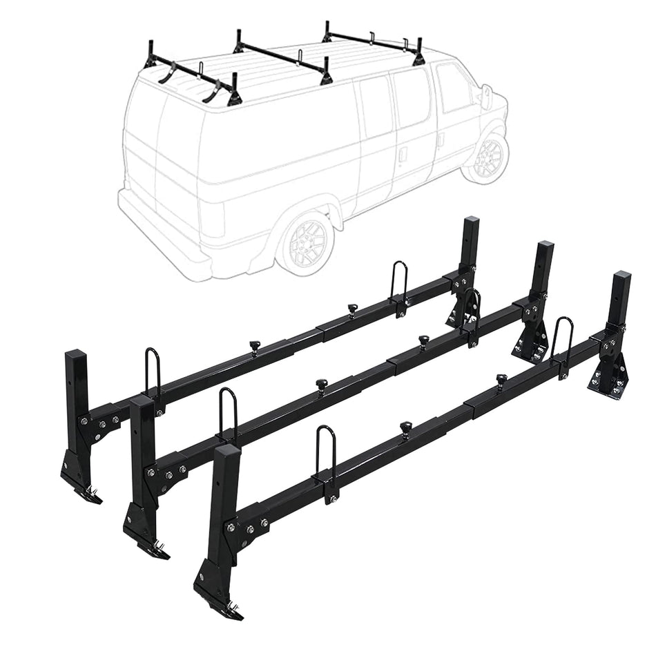 Van Ladder Racks, Van Roof Rack Steel 3 Bars fit for Ford Econoline E150 250 350 1992-2015, fit for Chevrolet Express 1500 2500 3500 Topper Racks 750 lbs Capacity (Black)