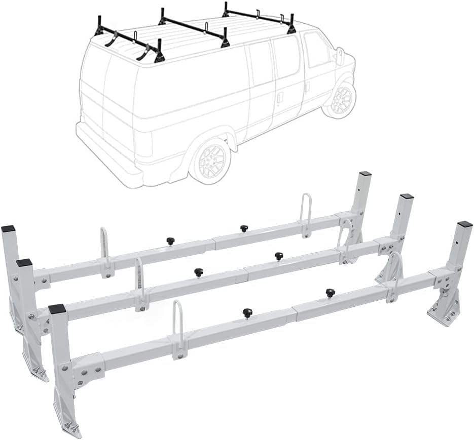 Van Ladder Racks, Van Roof Rack Steel 3 Bars fit for Ford Econoline E150 250 350 1992-2015, fit for Chevrolet Express 1500 2500 3500 Topper Racks 750 lbs Capacity (White)