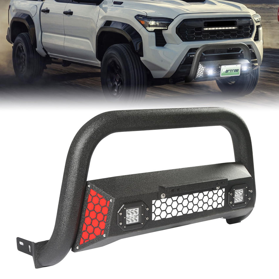 Bull Bar Fit for Toyota Tacoma 2024 2025 2026 with LED Light & w/License Plate Bracket DIY Paintable Front Bumper Brush Push Bar Grille Guard Protector