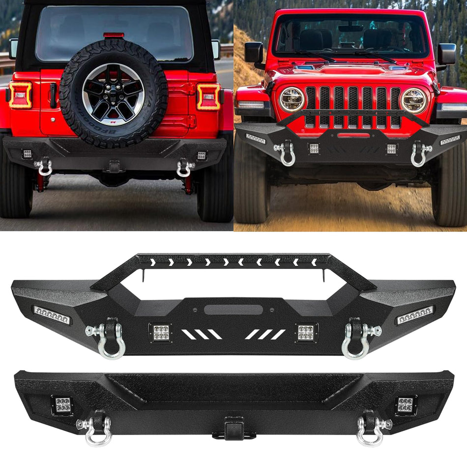 Front and Rear Bumper Set Fit for Jeep Wrangler JL 2018-2025 (ONLY for JL Models) – Heavy Duty Steel Bumpers with Winch Plate, 4 LED Lights, D-Ring Shackle Mounts, 2" Hitch Receiver, Textured Black Finish