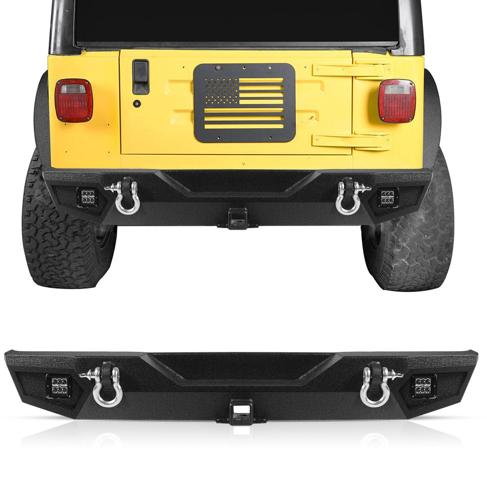 Rear Bumper Fit for Jeep Wrangler TJ & YJ 1987-2006 (2-Door) – Full Width Off-Road Heavy Duty Steel Bumper with D-Rings, 2 LED Lights, Winch Plate, Textured Black Powder Coated