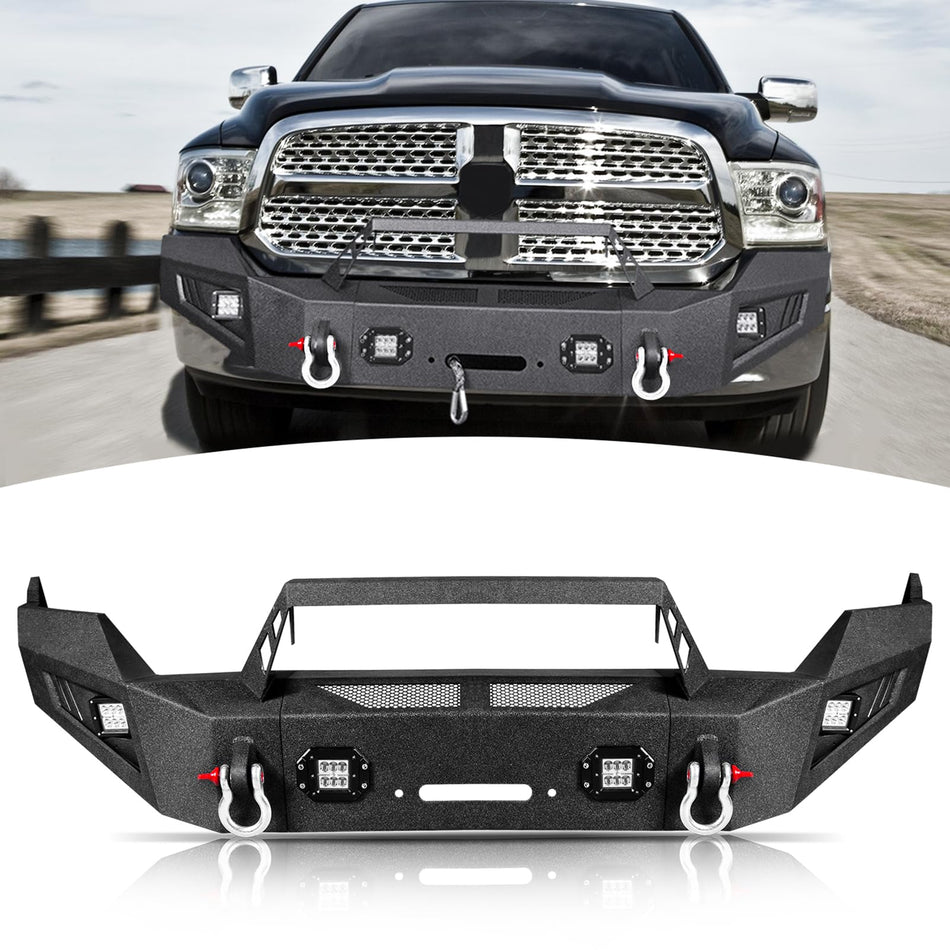 Front Bumper Fit for Dodge Ram 1500 2013-2018 (4th Gen) – Off Road Steel Front Bumper with Winch Plate, 4 LED Lights, 2 D-Ring Shackle Mounts, Detachable Bull Bar, Black Powder Coated