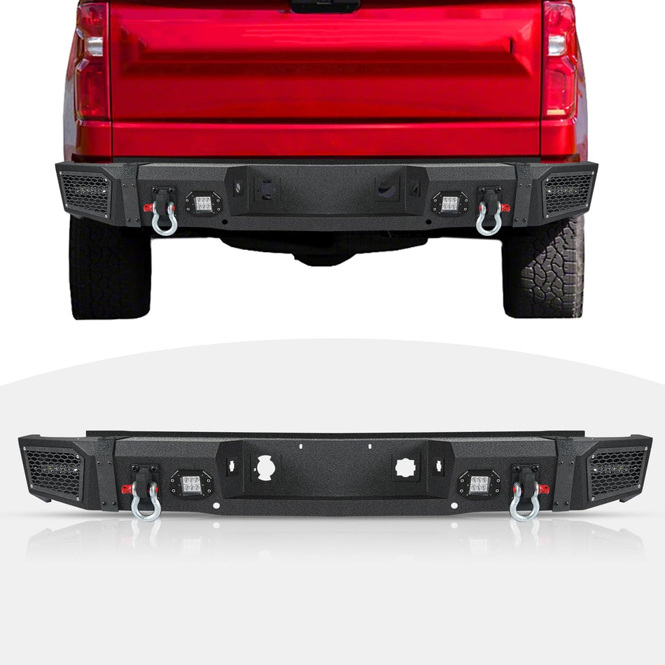 Rear Step Bumper Fit for Chevy Silverado 1500 & GMC Sierra 1500 2007-2013 – Full Width Off-Road Steel Rear Bumper with D-Rings, 4 LED Lights, Parking Sensor Holes, Winch Plate, Black Powder Coated