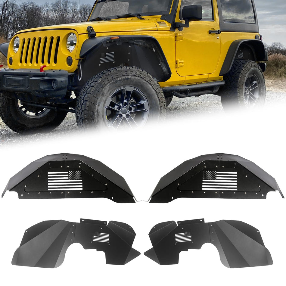Front & Rear Inner Fender Liners Fit for Jeep Wrangler JK 2007-2018 2 Doors/4 Doors Aluminum Wheel Well Cover Flag Pattern Off-Road Mudguards Fenders Flares Heavy Duty Wheel Fenders Set 4PCS